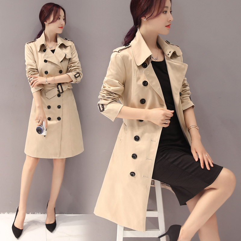 女式风衣2016秋装外套韩版中长款女装 双排扣修身显瘦气质大衣