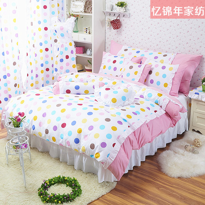 粉色圆点田园韩式公主四件套 纯全棉床上用品清新学生床单被套
