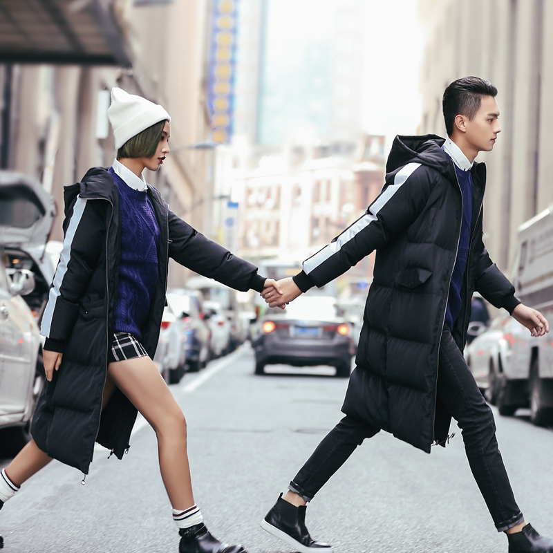 qlz情侣棉衣外套冬装新款2015韩版修身男女连帽中长款加厚棉服潮