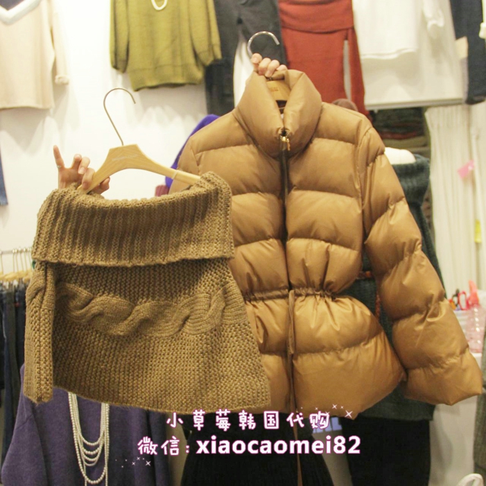 冬韩国正品东大门代购淑女修身荷叶摆立领面包棉服针织披肩2件套