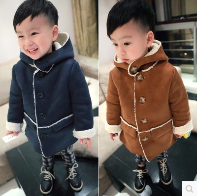 童装 2015冬款男童韩版加绒内羊羔绒外套连帽大衣风衣