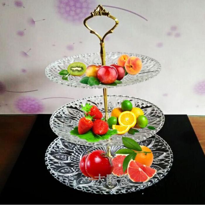 包邮水果盘创意时尚欧式玻璃蛋糕糖果坚果无铅多层三层时尚干果盘
