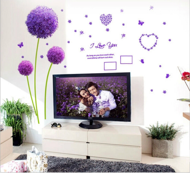 客厅浪漫卧室电视背景墙婚房家居贴花装饰墙贴紫色蒲公英批发包邮