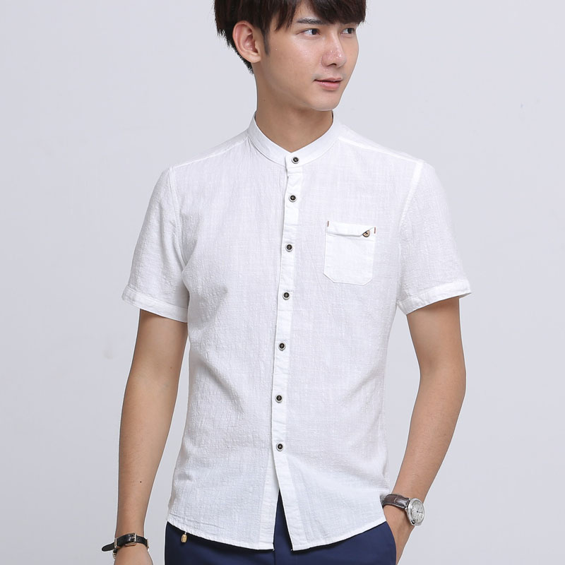 2015夏季新款时尚休闲亚麻衬衣男短袖修身超薄小立领棉麻男士衬衫