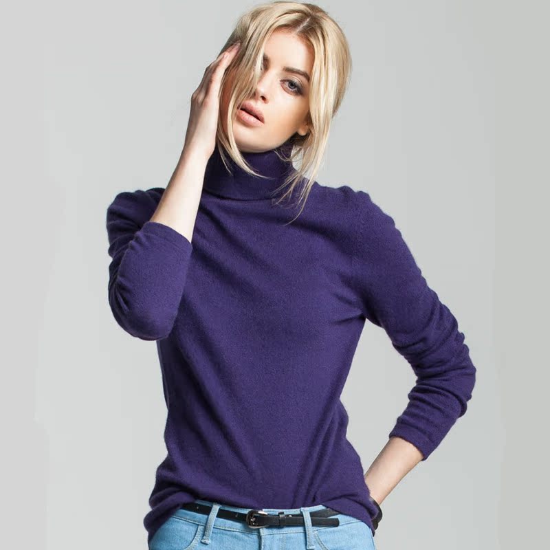 法国时尚杂志秋冬新款女士100%高端纯羊绒衫高翻领修身打底衫套头