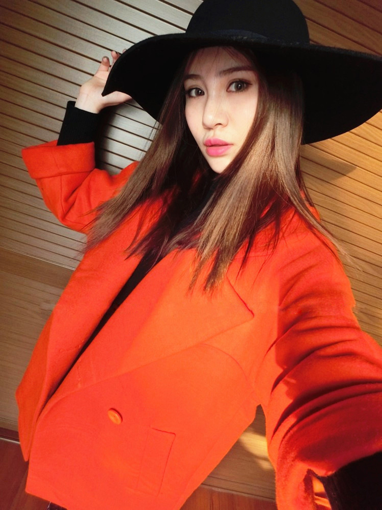 2015韩版冬装新款橘红色翻领双排扣茧型羊绒大衣中长款羊毛呢外套