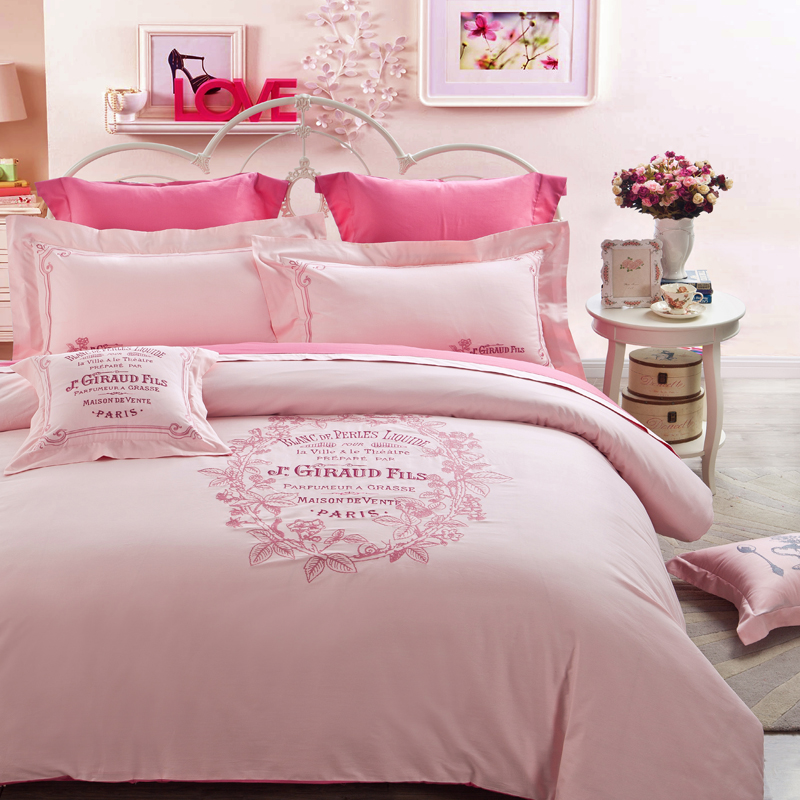 全棉刺绣四件套 简约纯色欧式绣花纯棉床上用品1.5m1.8米床单被套