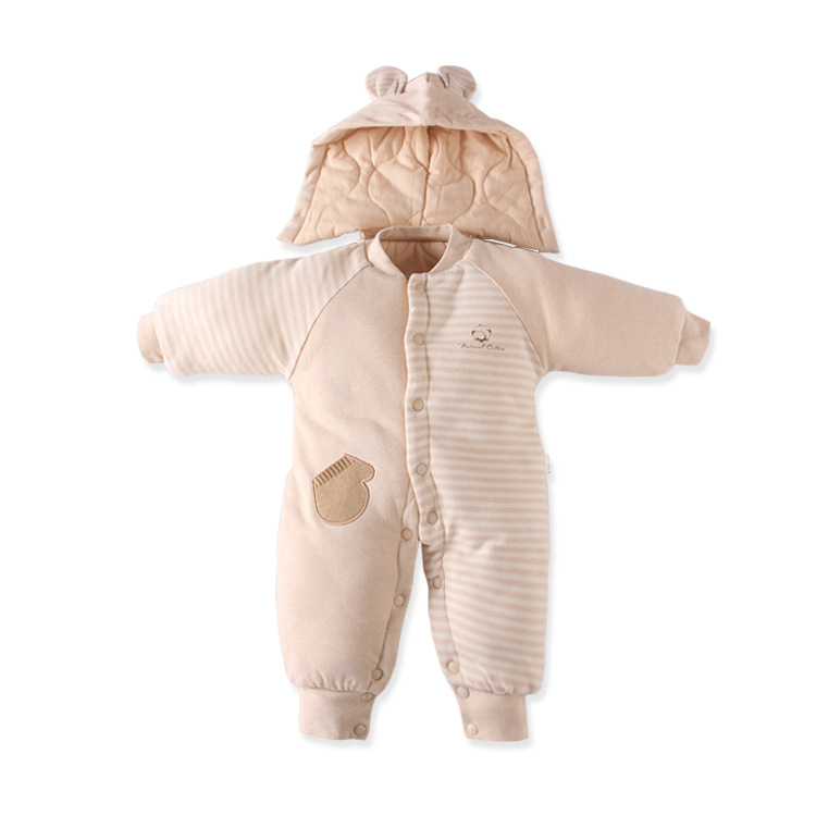 冬款婴幼儿睡袋连身衣保暖 加厚连帽连体衣爬服 有机彩棉外出爬服