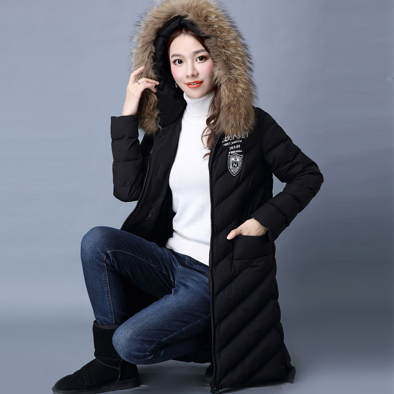 棉衣外套女2016冬装新款韩版修身加厚连帽大毛领中长款羽绒棉服潮