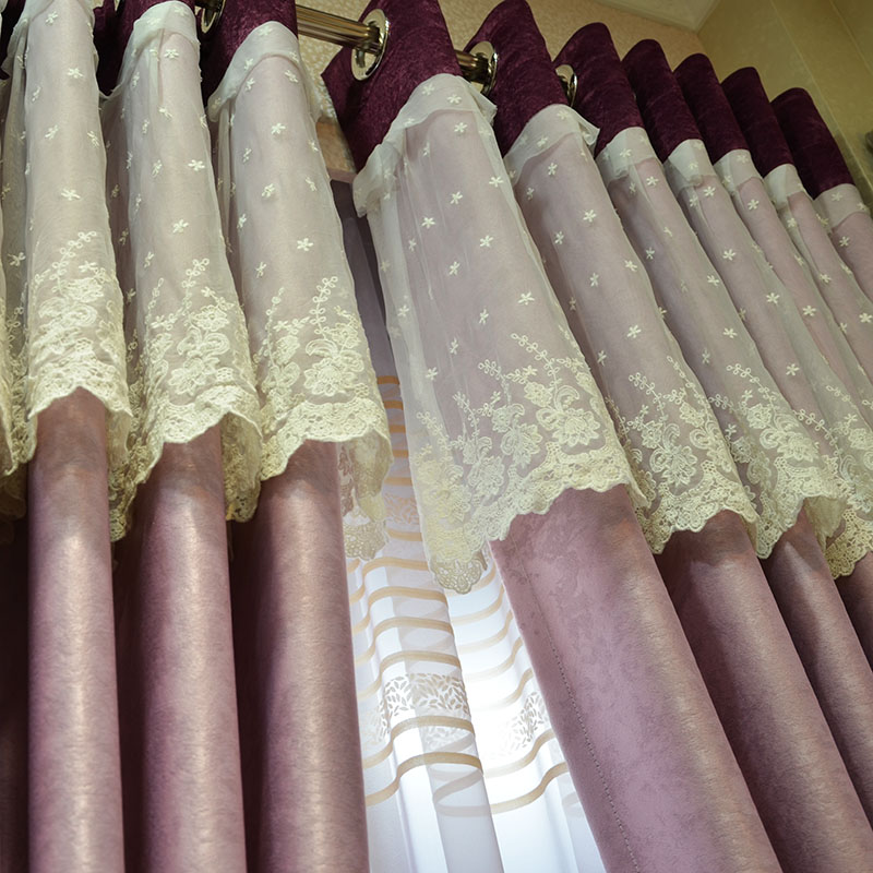 奢华韩式田园风格 浪漫粉紫色拼接遮光布韩式公主房卧室窗帘窗纱