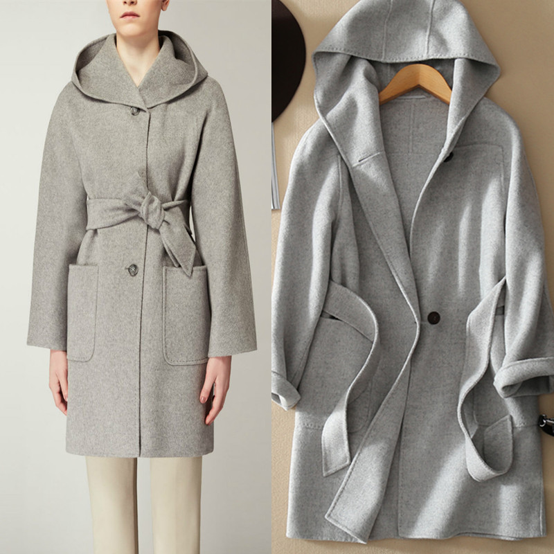 2015新MAX家高端手工双面羊绒大衣女中长款牛角扣连帽羊毛呢外套