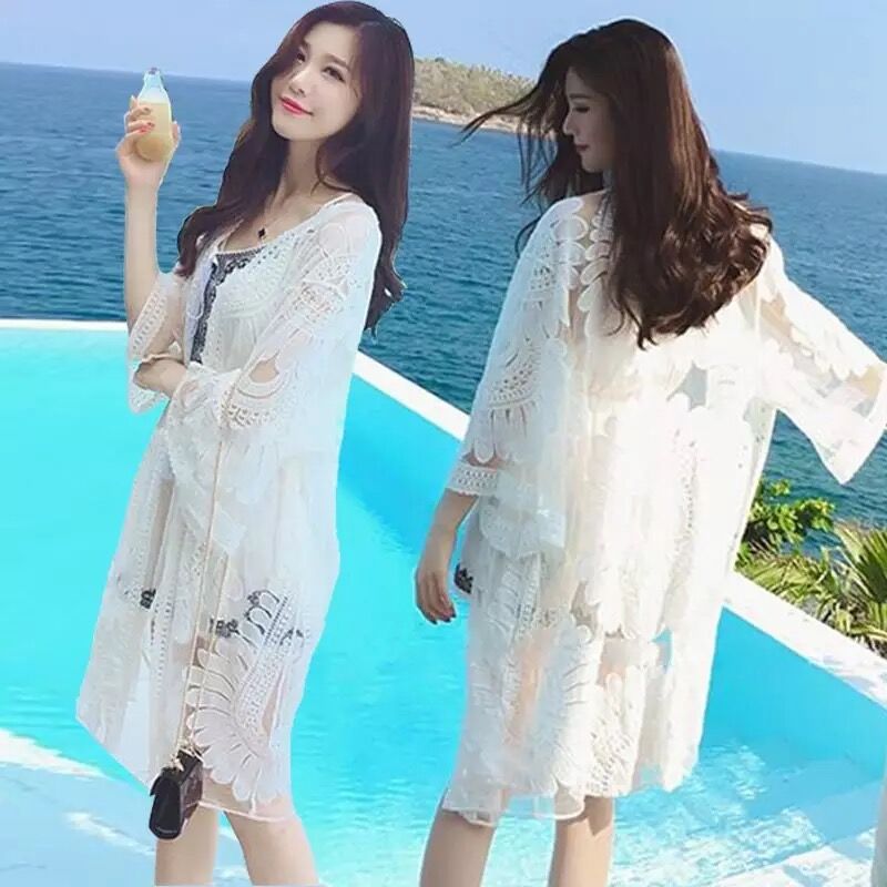 韩版女海边度假罩衫针织镂空蕾丝防晒服泳衣比基尼外套沙滩开衫