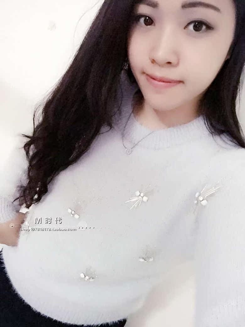 M时代2016韩国冬季新款镶钻水貂毛针织衫打底衫套头毛衣女长袖