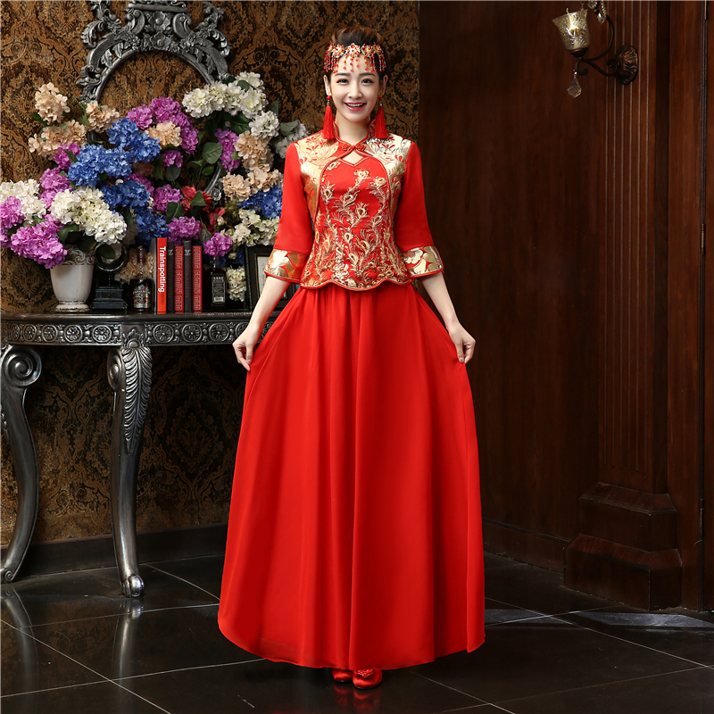 2015新款新娘敬酒服改良时尚结婚礼服红色七分袖显瘦刺绣敬酒旗袍