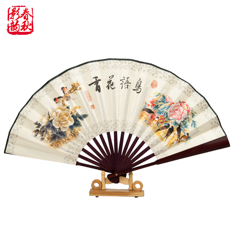 中国传统男士凌绢折扇 头青竹扇骨 诗词 风景图案 扇面