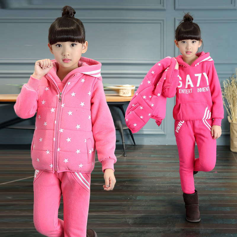 中大童冬季新款童装女童三件套韩版女孩加厚加绒2016秋冬女童套装