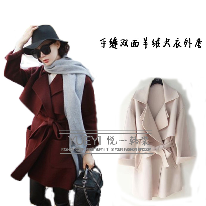 15冬季韩版新款修身显瘦手缝双面羊毛羊绒系带大衣外套女中长款