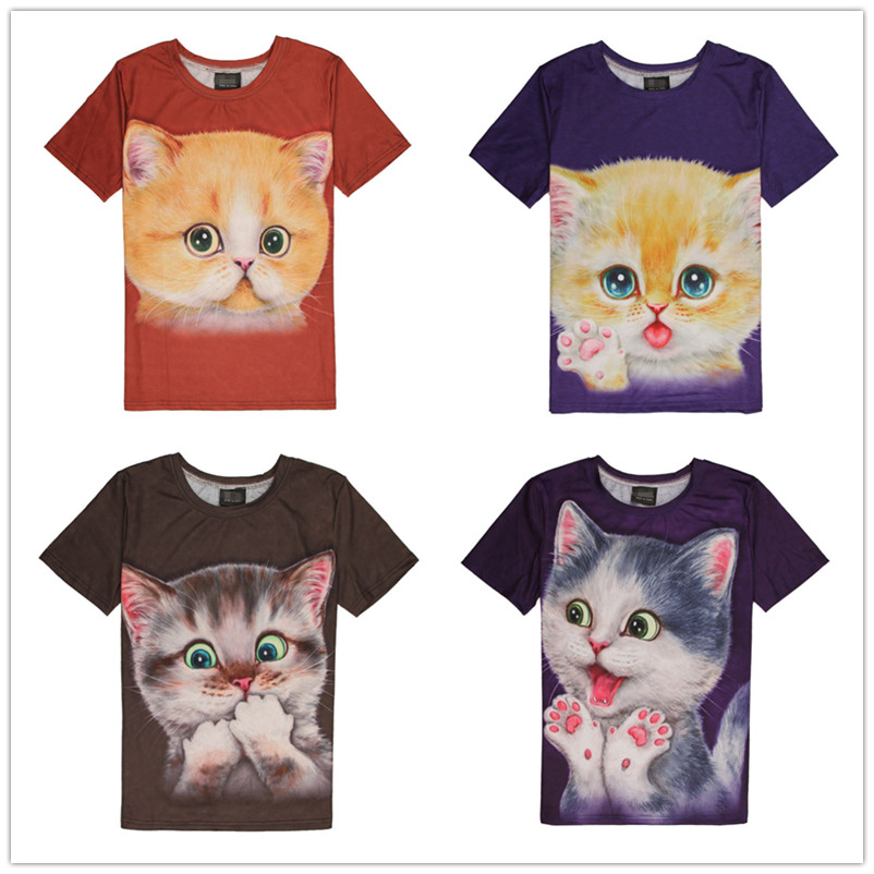 2015新款3D动物图案T恤 猫咪短袖 学生服 班服 圆领青少年半袖T恤