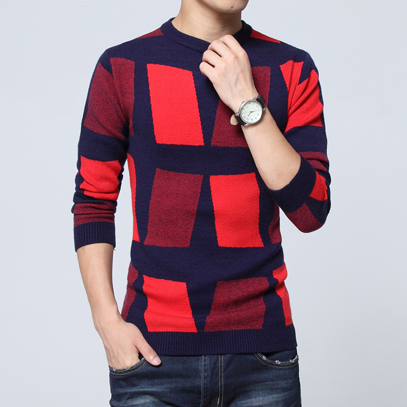 2016男士时尚新款男装韩版修身青年套头菱形毛衣休闲装撞色针织衫
