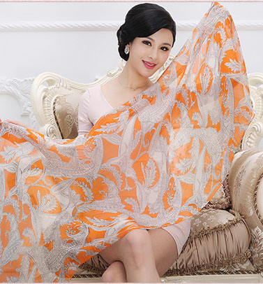 雪纺漩涡橙色仿真丝装饰丝巾女夏季大披肩围巾甜美丝巾大纱巾