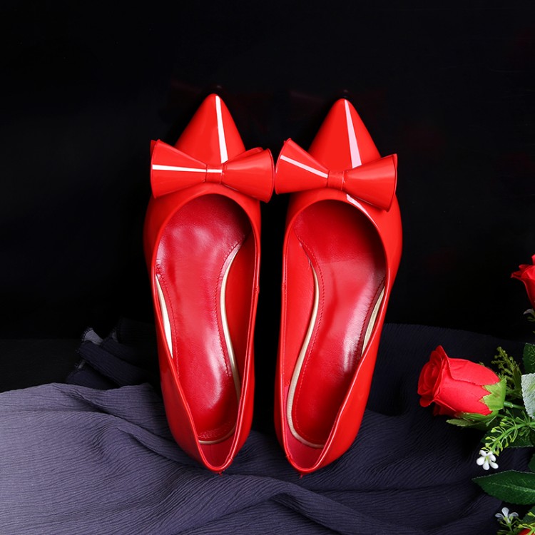 2016春季新款中跟细跟红色婚鞋蝴蝶结尖头女鞋真皮漆皮黑色单鞋