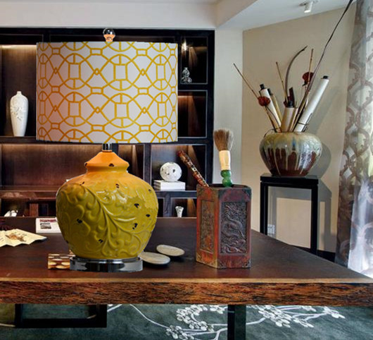 新中式黄色陶瓷台灯卧室床头灯 美式雕花简欧式客厅书房浪漫装饰