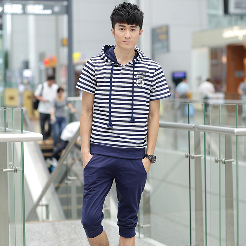 LG2015夏季男士连帽短袖T恤运动套装男装青少年学生韩版条纹体恤
