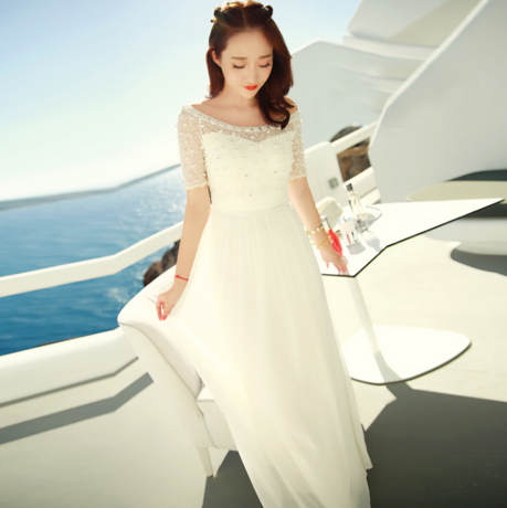 夏季白色蕾丝雪纺连衣裙串钉珠波西米亚长裙显瘦度假沙滩长裙子仙