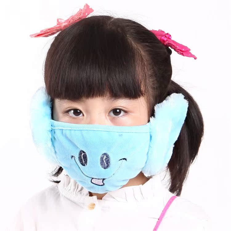 韩版秋冬季儿童口罩批发厂家直销卡通刺绣带耳套毛绒可爱保暖口罩