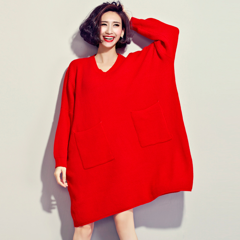 欧美宽松大码V领红色中长款针织衫 圣诞红韩版蝙蝠袖大口袋毛衣裙