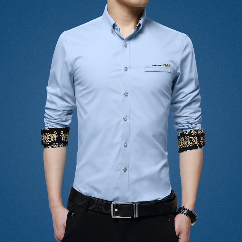 2016春秋新款韩版时尚休闲修身薄款长袖衬衫青年男士印花绣花衬衫