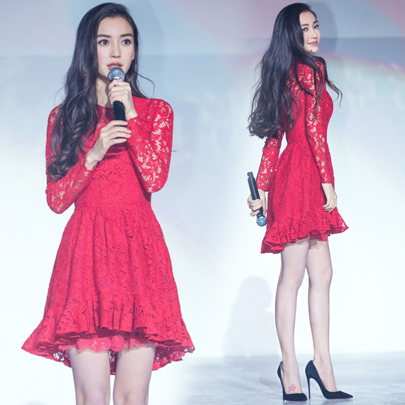 连衣裙女款2016春装韩版修身长袖蕾丝打底裙红色显瘦中长款连衣裙