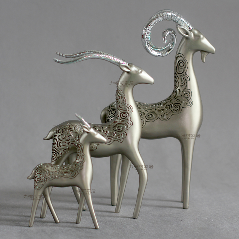雕花羚羊摆件中式家居装饰品玄关客厅酒柜摆件工艺品套三复古银色