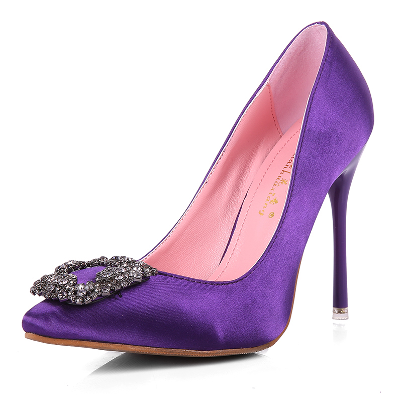2015新款欧美风尖头女单鞋水钻细高跟鞋绸缎浅口紫色婚鞋旗袍鞋子