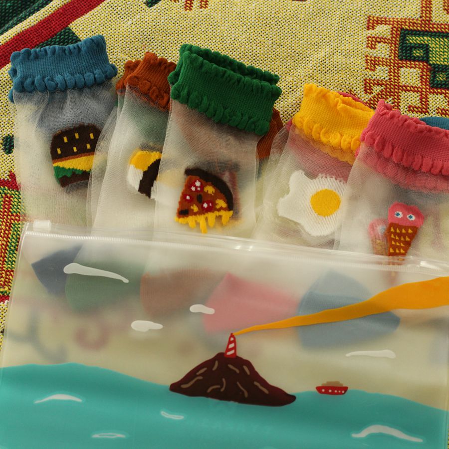 日系原宿玩味玻璃丝吃货萌食物卡通水晶袜女短袜子5双海岛袋包邮