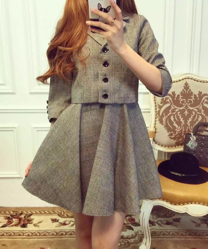 2015秋冬季新款韩版小香千鸟格短西装外套背心连衣裙两件套装女装