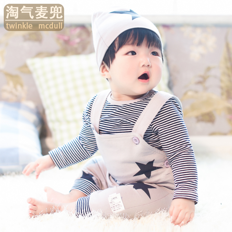 婴儿背带裤连体衣3-6-9个月婴幼儿条纹三件套装宝宝春秋哈衣爬服