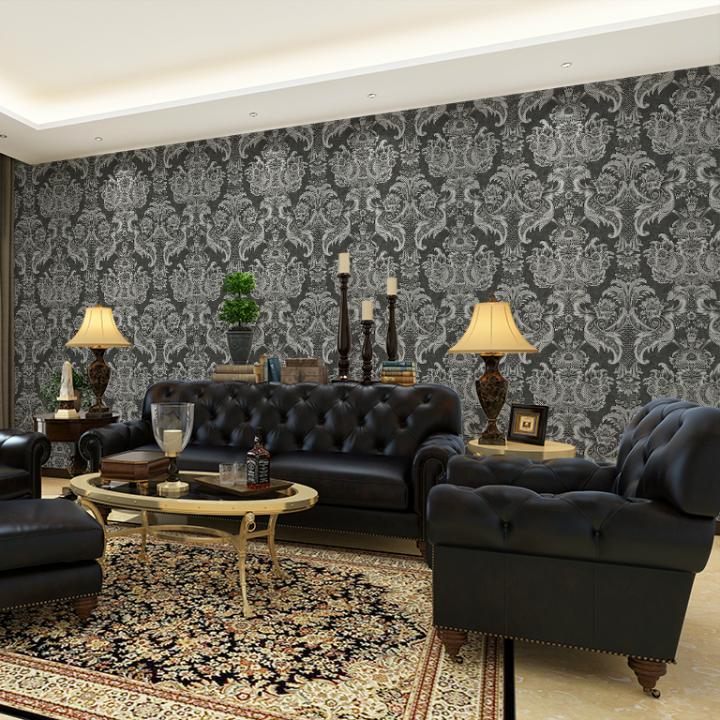 奢华3D凹凸鎏金浮雕欧式无纺布壁纸复古灰黑色客厅卧室新古典墙纸