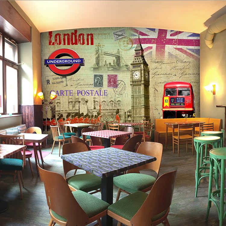 复古英伦欧美建筑大型壁画咖啡餐厅卧室酒吧KTV休闲墙纸壁纸自粘