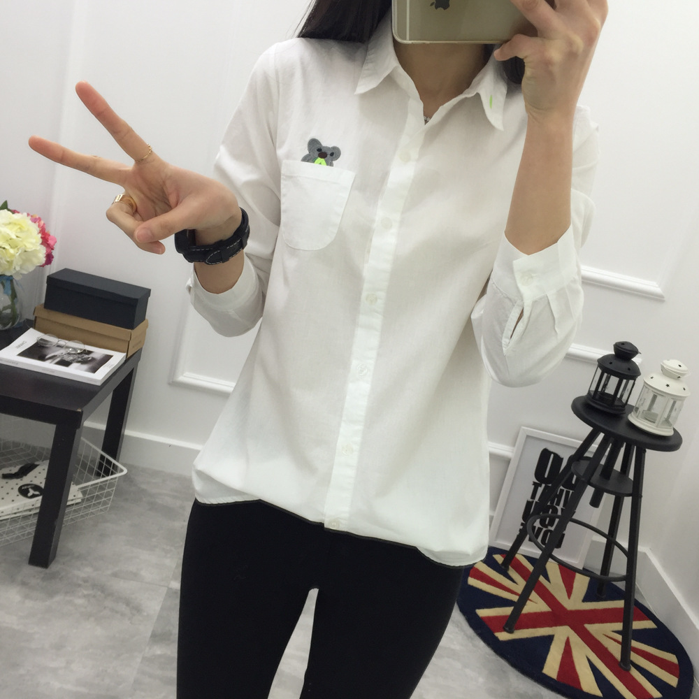 女士2016春装新款胸前口袋领口刺绣学院风白色衬衫长袖衬衣