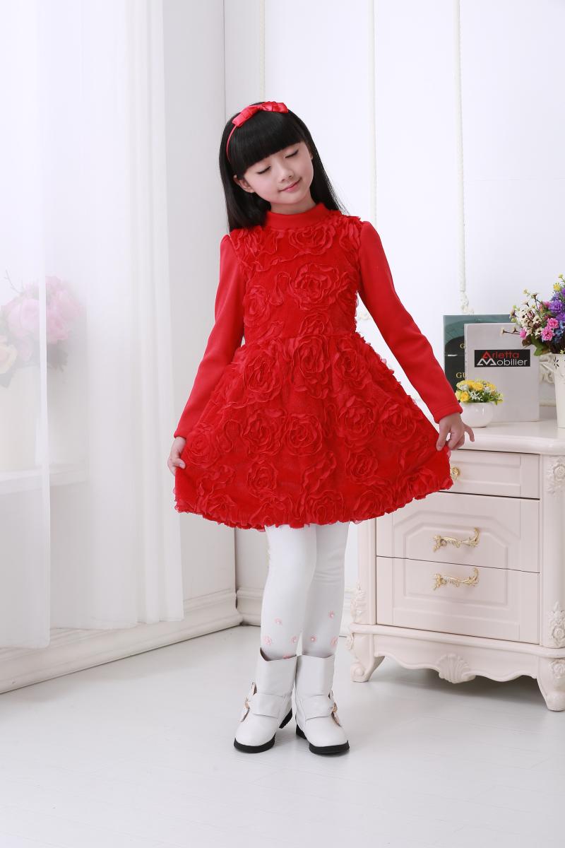韩版童装女童冬装加绒加厚连衣裙子2015秋冬红色儿童长袖公主裙潮