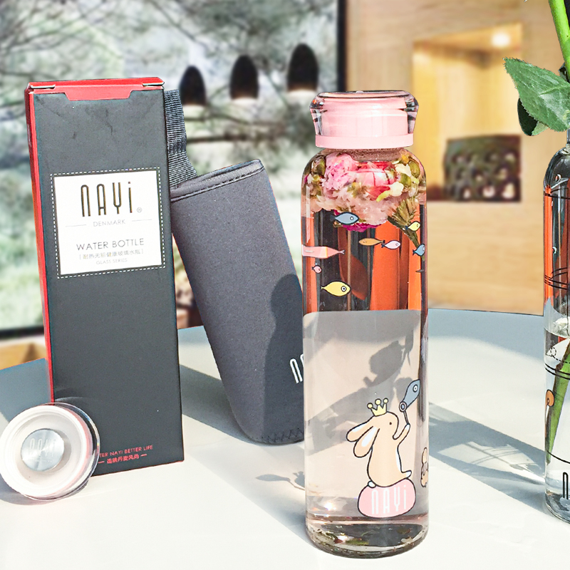 NAYI创意单层花茶玻璃水杯便携可爱杯子学生女耐热带盖韩版随手杯