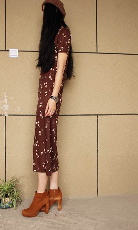 古着vintage复古精品日本产小碎花圆领超长款短袖连衣裙