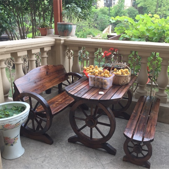 家居园艺碳化木全实木家具 休闲桌凳 椭圆车轮桌凳 长120厘米