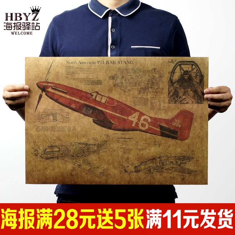 P51野马战斗机 二战战机飞机结构设计图纸复古牛皮纸海报装饰壁画