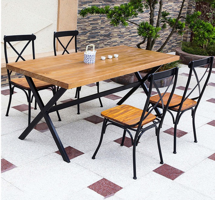 美式复古做旧铁艺实木餐桌饭桌酒吧桌办公桌餐厅桌长方形桌椅组合
