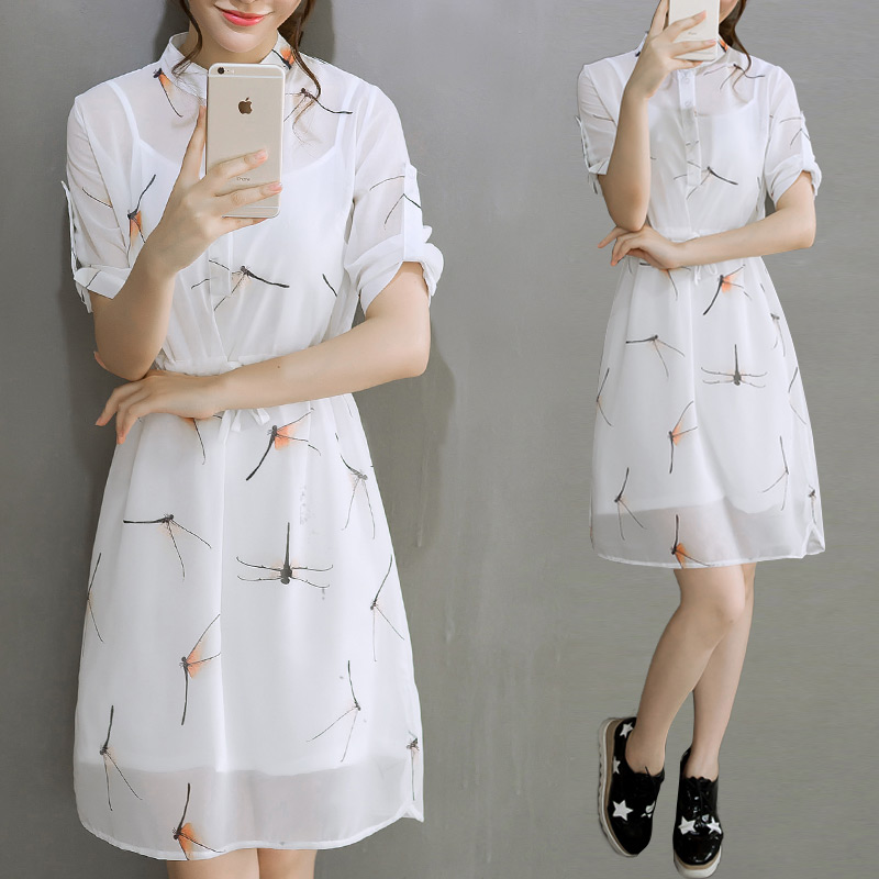 欧洲站2015夏季新款女装 韩版雪纺印花显瘦高腰连衣裙衬衫裙子