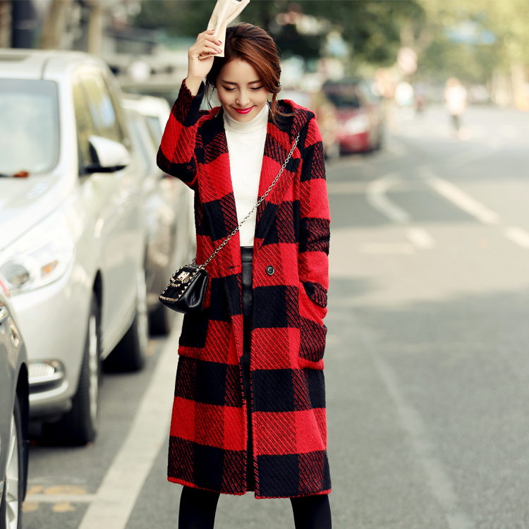 格子毛呢外套女装2015装修身韩版新品中长款呢子大衣冬季新款包邮
