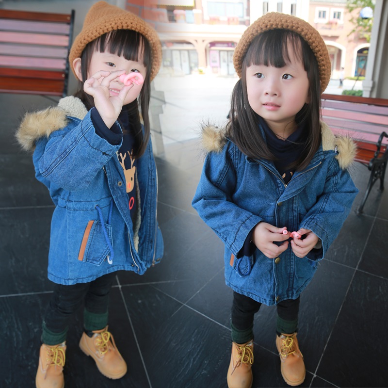冬季新款韩版收腰加绒牛仔衣 小童牛仔套头纯色女加厚风衣外套