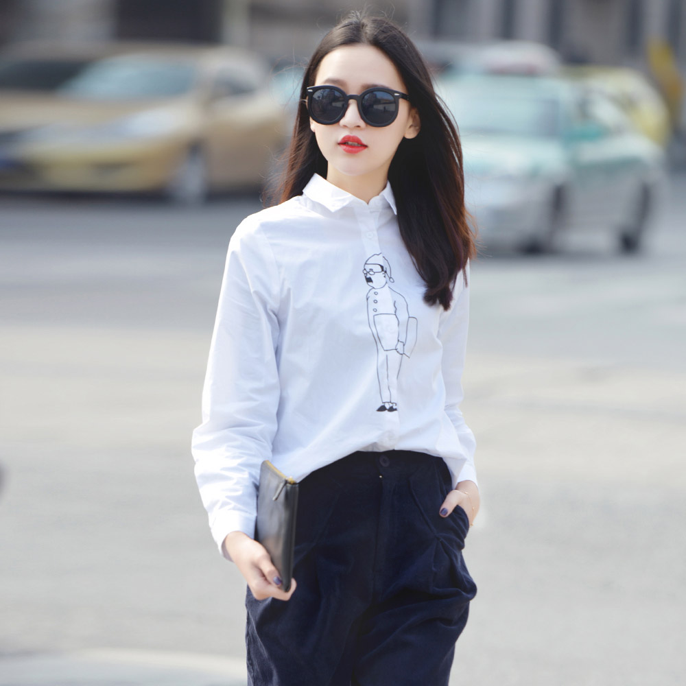 2015春装新款韩版女式衬衣欧美简笔画图案纯色百搭趣味衬衫女包邮